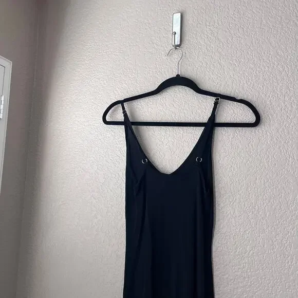 DISSH V Neck Fitted Cami Slip Maxi Dress with Back Slit in Black Semi Sheer - Picture 4 of 7